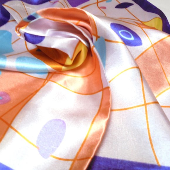 Vintage Scarf 19" Square Satin purple orange abstract print neckerchief retro - Picture 4 of 6